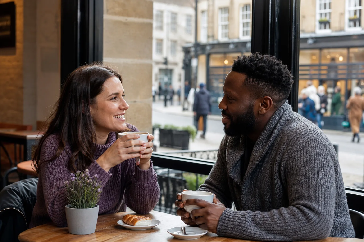 Two people talking over coffee in Chesterfield town centre