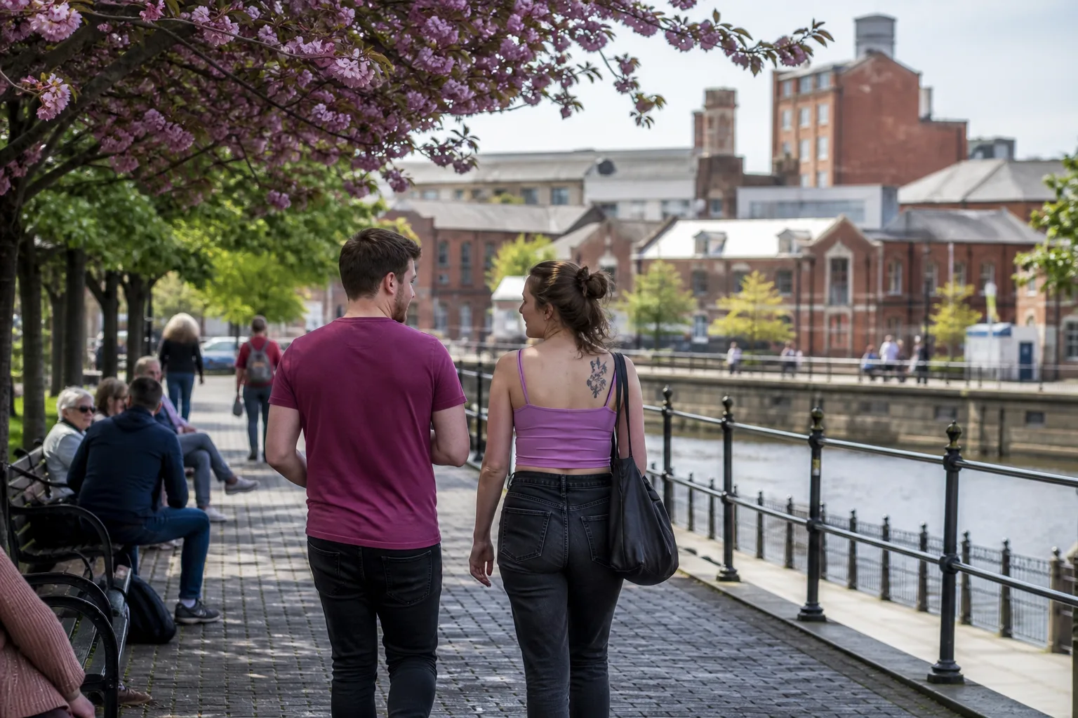 Two people talking over coffee in Derby city centre