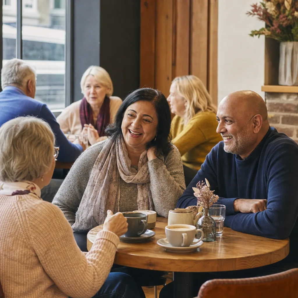 Two adults having a friendly conversation at a hosted social evening