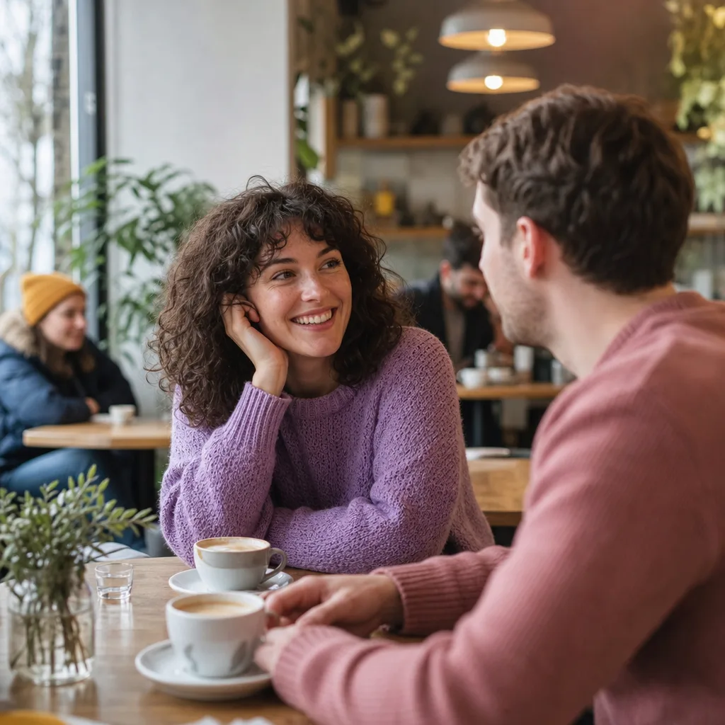 Two adults meeting in a busy café in Buxton