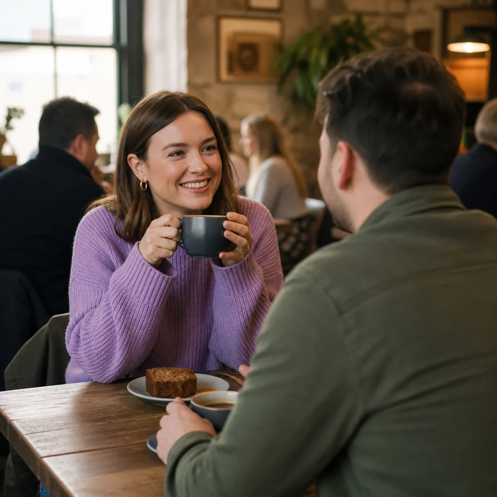 Two people chatting over coffee in a Derbyshire town centre